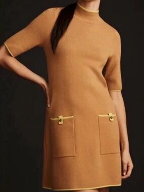 Maeve Annelise Mock Neck Mini Sweater Dress Cedar Brown M Shift Retro